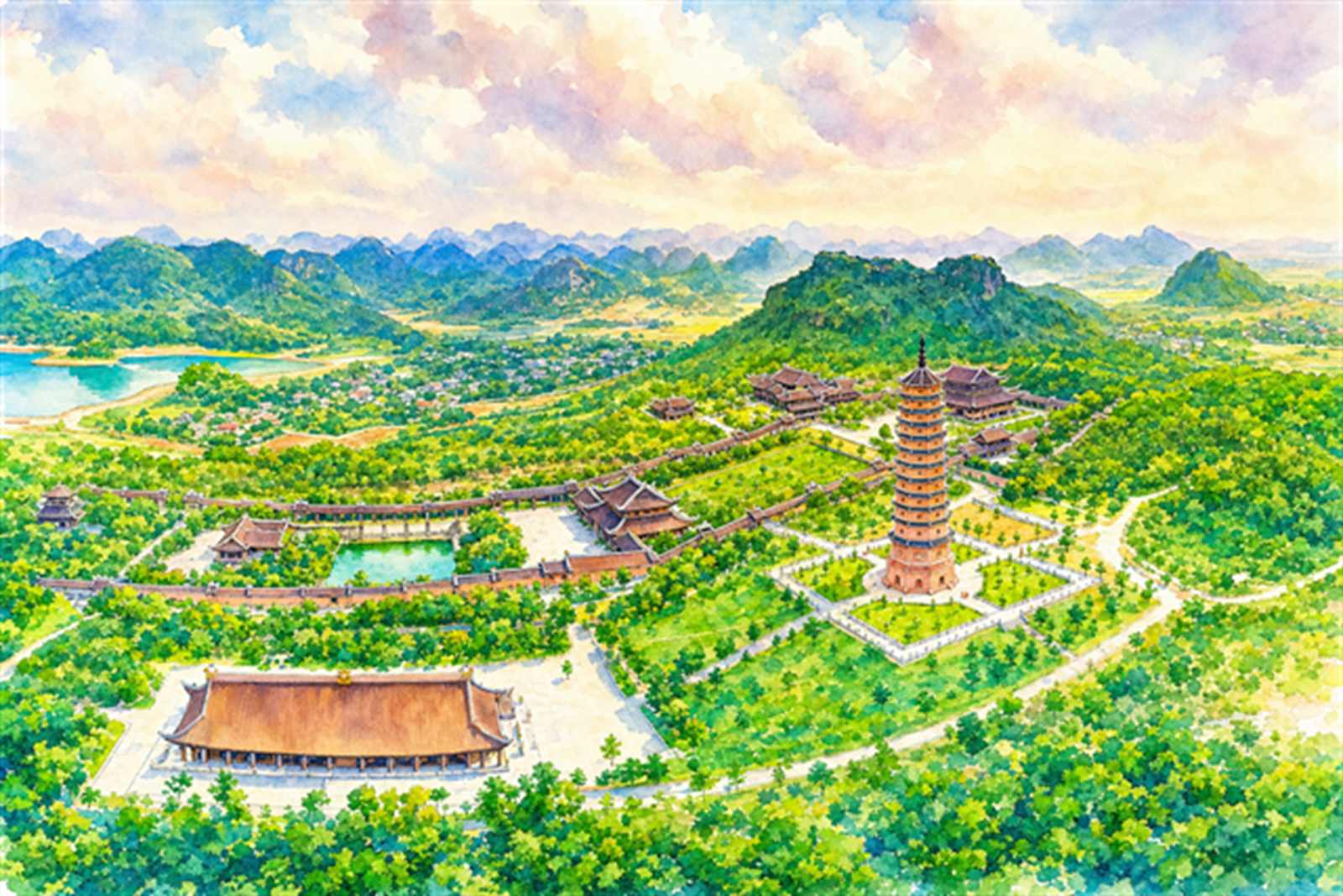 Tranh màu nước Bái Đính — minh hoạ chính chủ của Thăng Long