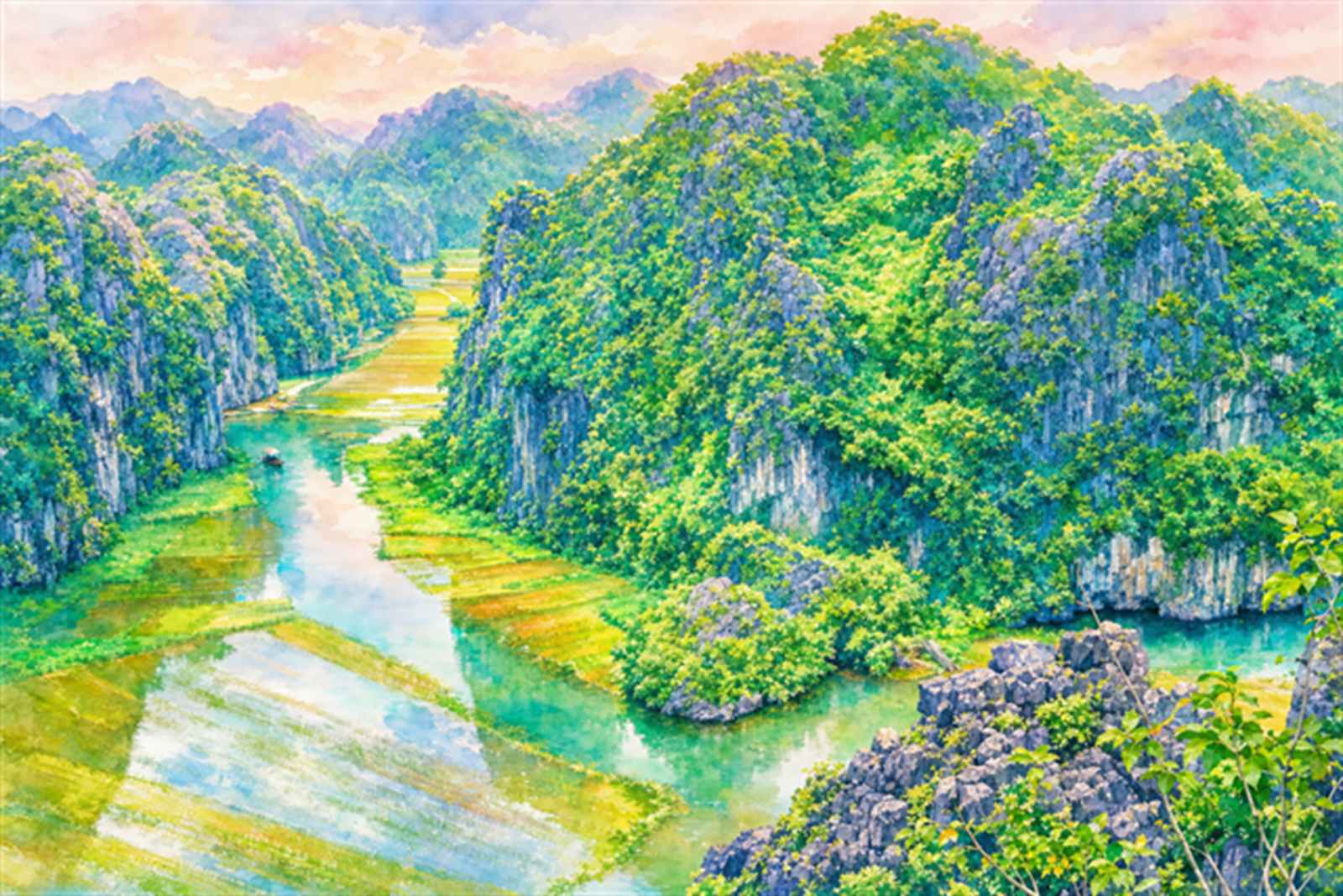 Tranh màu nước Tam Cốc – Bích Động — minh hoạ chính chủ của Thăng Long