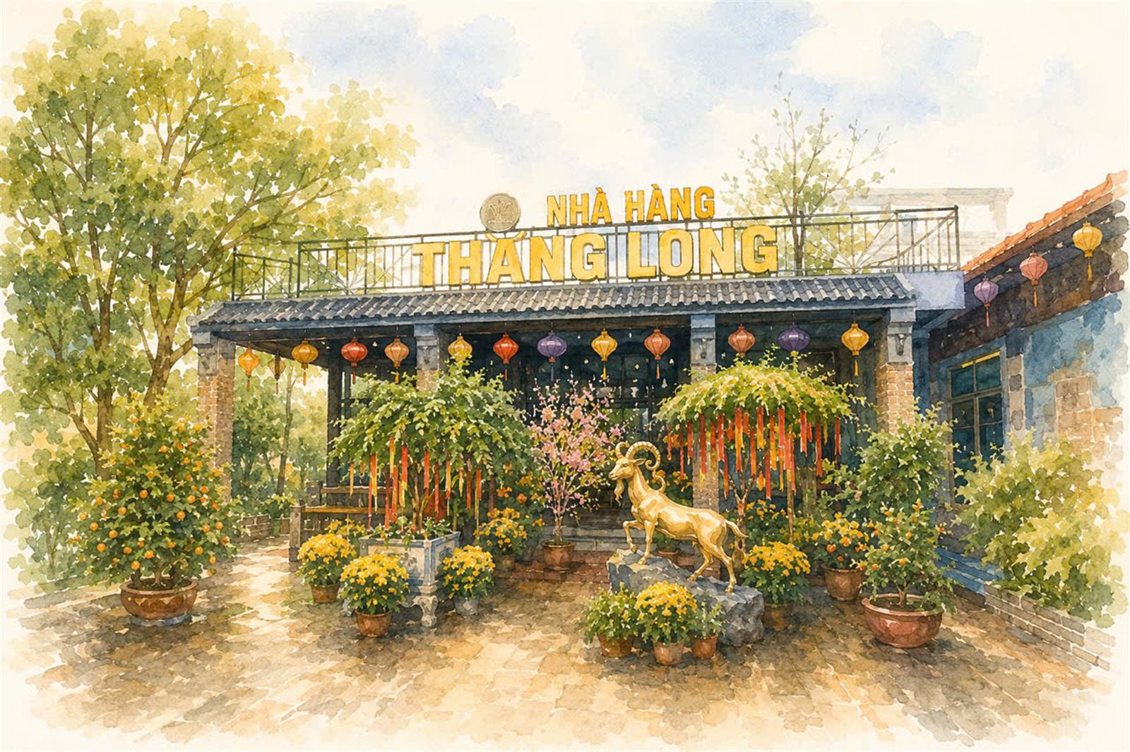 Biển hiệu Nhà hàng Thăng Long — Đặc sản dê núi Ninh Bình trên trục đường Tràng An – Bái Đính