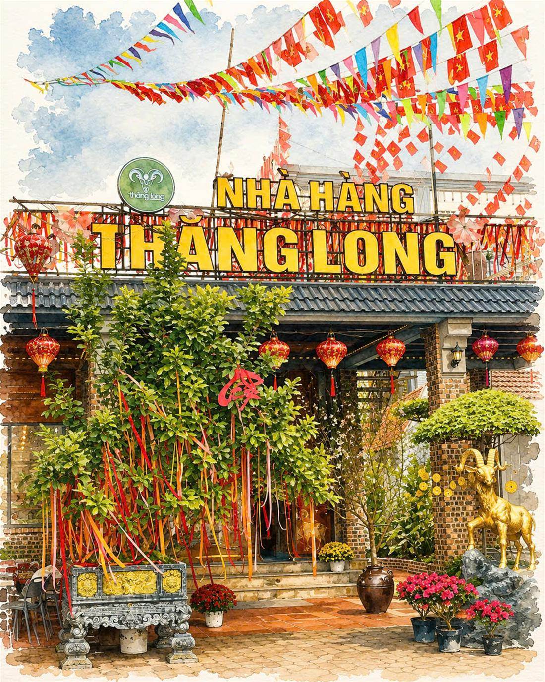 Mặt tiền Nhà hàng Thăng Long Ninh Bình: biển hiệu vàng, đèn lồng đỏ, tượng dê núi bằng đồng trước cửa
