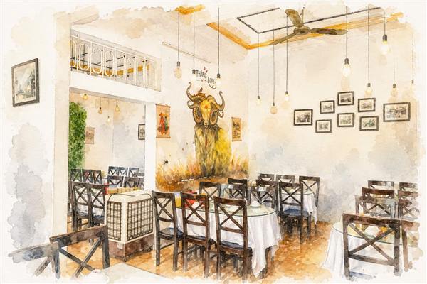 Phòng ăn riêng của nhà hàng, trên tường treo bức tranh đàn dê núi Ninh Bình