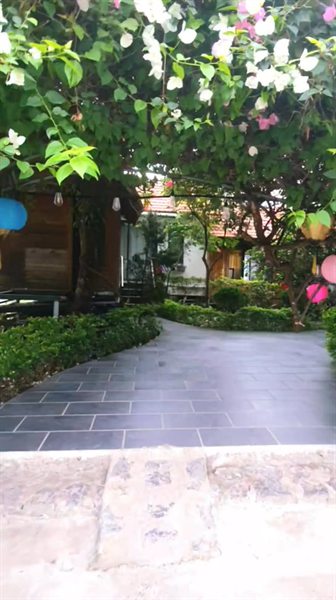 Lối đá qua giàn hoa giấy vào khu bungalow gỗ — Tràng An La Casa Homestay