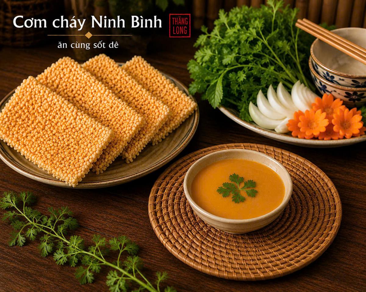 Cơm cháy Ninh Bình vàng giòn xếp đĩa, bát nước sốt thịt dê nóng và rau thơm ăn kèm