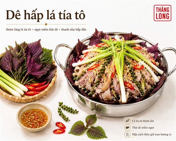 Dê hấp tía tô tại bàn — nhà hàng Thăng Long Ninh Bình