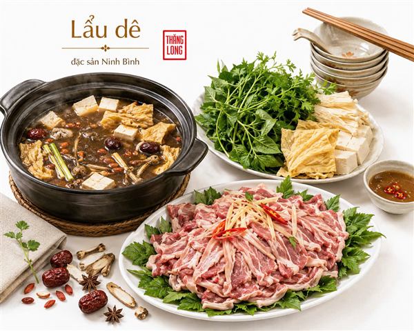 Nồi lẩu dê Ninh Bình đang sôi, đĩa thịt dê tươi và rau nhúng bày quanh