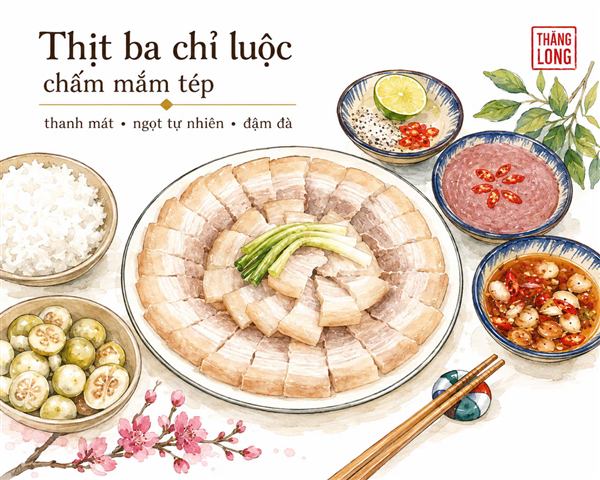 Thịt ba chỉ luộc chấm mắm tép — nhà hàng Thăng Long Ninh Bình